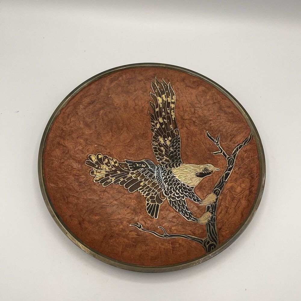Vintage Brass And Enamel Plate - Eagle Design